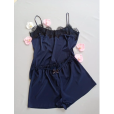 Піжама жіноча шовкова з мереживом, темно-синій,  XXL