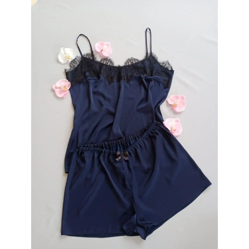 Піжама жіноча шовкова з мереживом, темно-синій,  XXL