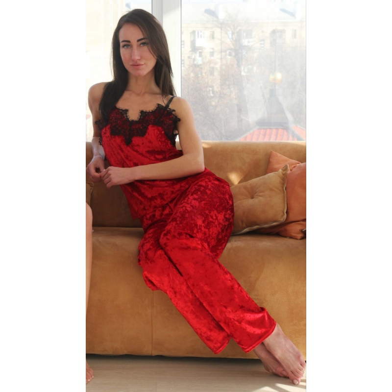 Жіноча піжама велюрова майка та штани Червоний,  M