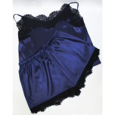 Піжама жіноча атласна майка та шорти з мереживом, темно-синя 44