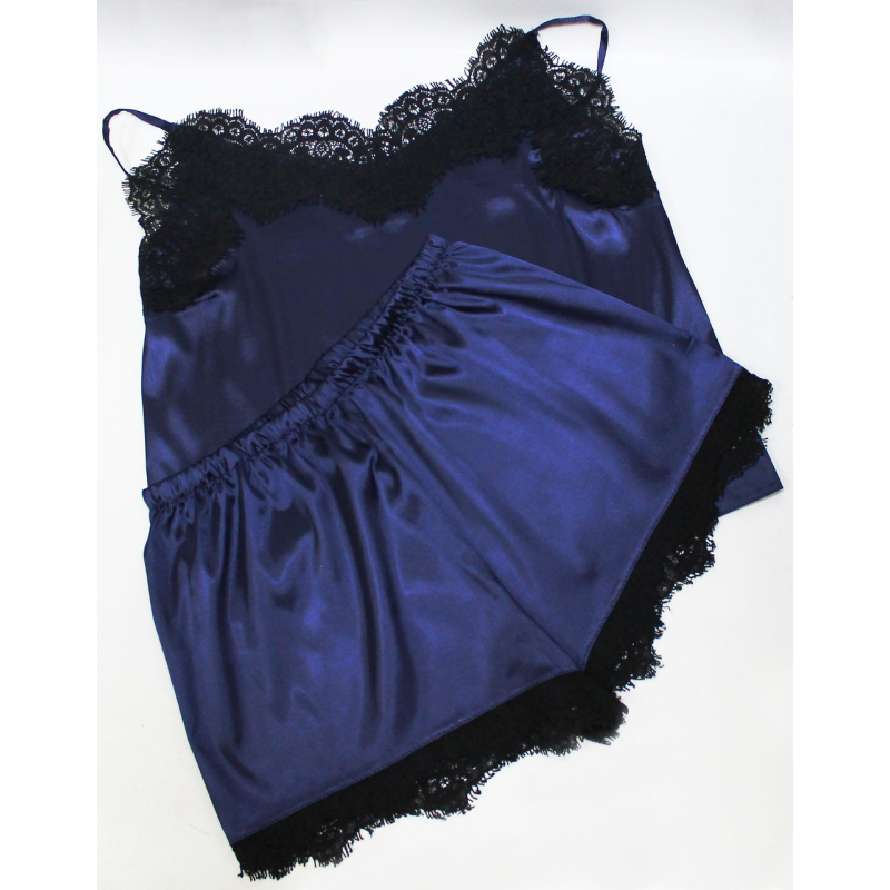 Піжама жіноча атласна з мереживом, майка з шортами темно-синя, 48