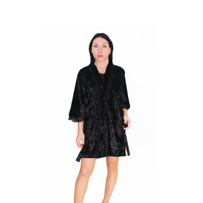 Халат жіночий велюровий під пояс.  3XL/4XL, Чорний