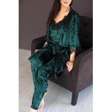 Піжама жіноча велюрова з халатом і штанами Зелений, L