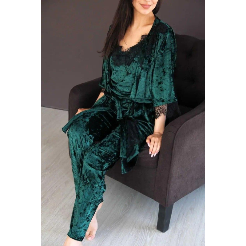 Жіночий домашній костюм майка+ штани+шорти з халатиком із мармурового велюру. Зелений, 3XL